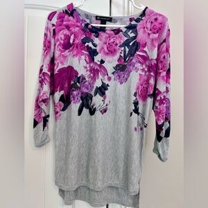 INC International Concepts Vibrant Pink and Gray Floral Lightweight Sweater